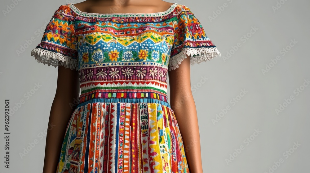 Traditional Dia de los Muertos dress, embroidered patterns, worn by a woman, soft outdoor light