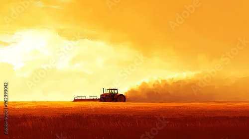 Tractor plowing a field, dust in the air, late afternoon light