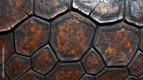 Tortoiseâ€™s shell, detailed pattern, rough texture, soft natural light