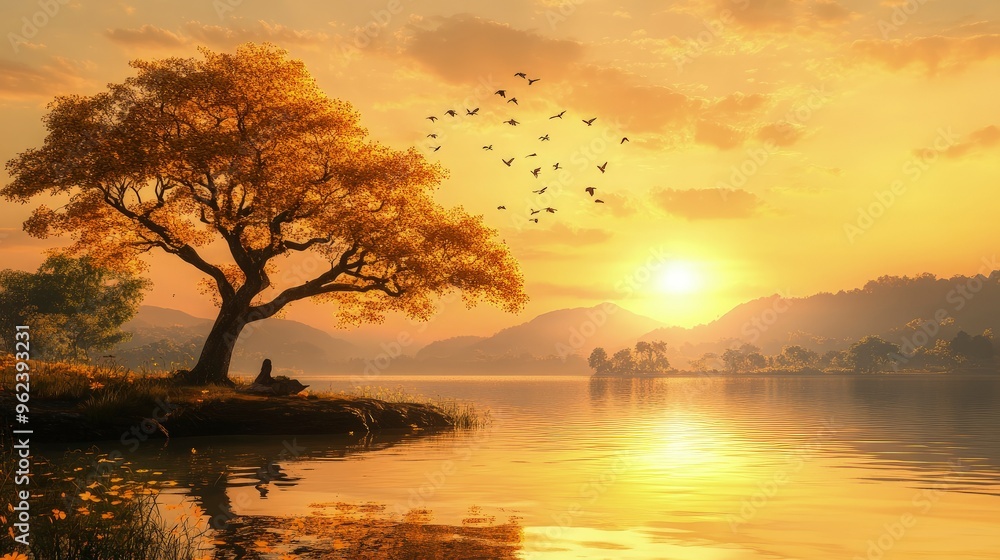 Woman feeling calm, meditating by a lake, sunrise background Woman feeling calm, meditating by a lake, sunrise background