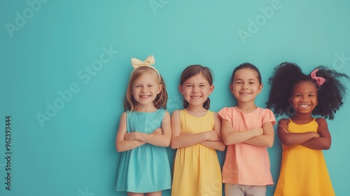 Group four diverse young girls children smiling standing arms crossed blue background copy space school stydy kindergarden health care happy template photo