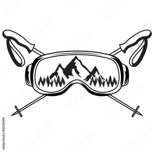 Ski glasses and crossed ski pole vector illustration. Ski Snowboard glasses crossed ski poles with mountains landscape reflection