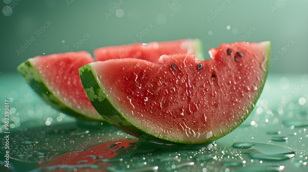 Watermelon day slices background hot summer promo mock-up pink yellow fresh copy space isolated blue pink green drops