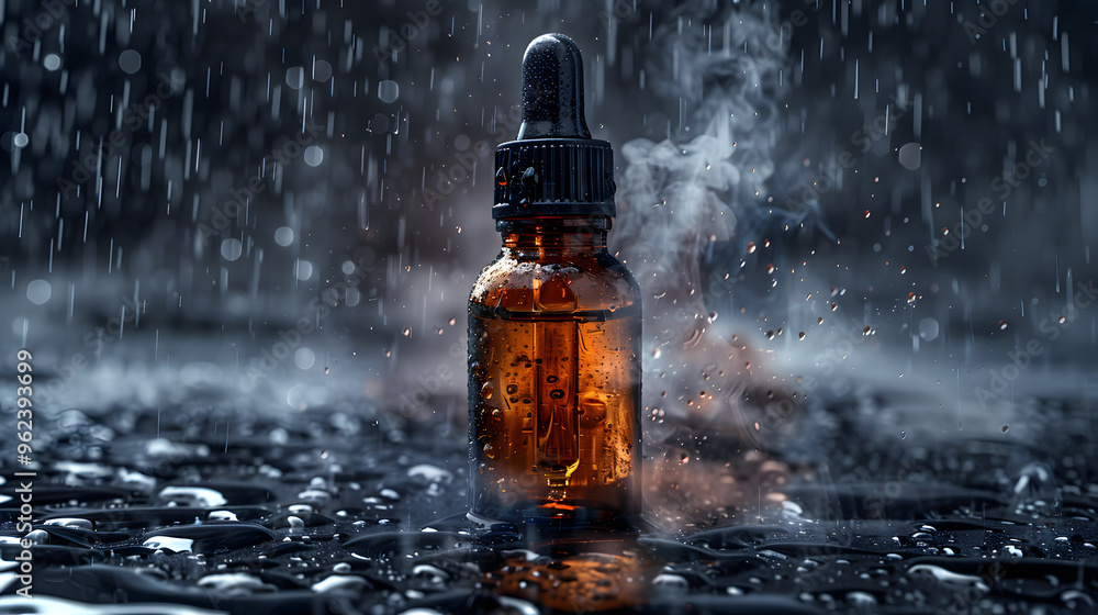 Serum in transparent bottle with dropper on water level. Serum in transparent bottle with dropper on water level.
