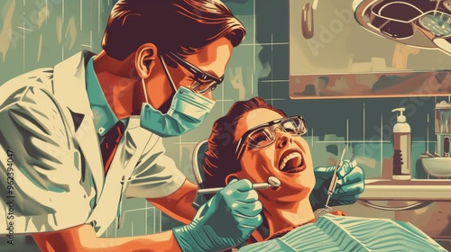 Retro-style illustration featuring a dentist treating a patient in a bright, colorful dental clinic. The scene captures a cheerful, nostalgic vibe with bold colors and exaggerated expressions, perfect