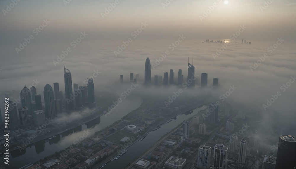 Fototapeta premium View from far above of a city shrouded in haze due to industrial air pollution, fine dust and exhaust pollution in urban centers