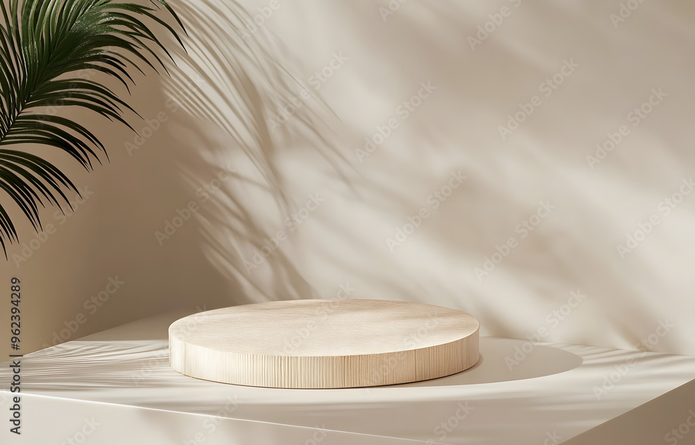 3D background. Podium display on beige with sun shadow. Cosmetic, beauty product promotion wood pedestal. Summer, nature showcase. Abstract minimal studio 3D render. 3D background. Podium display on beige with sun shadow. Cosmetic, beauty product promotion wood pedestal. Summer, nature showcase. Abstract minimal studio 3D render.