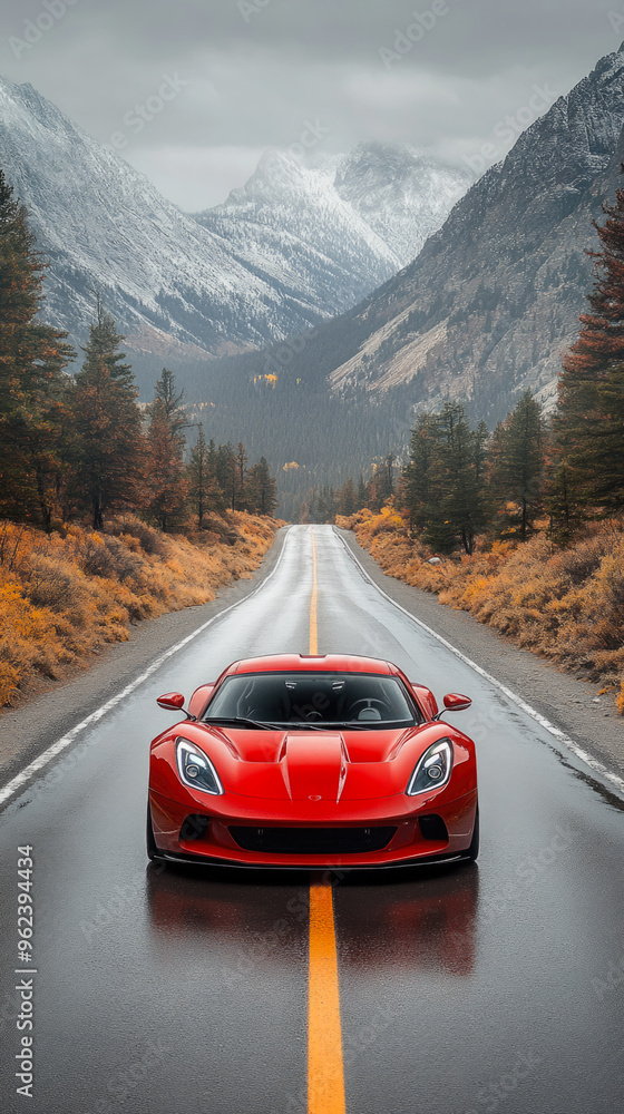 Naklejka premium Coche rojo de alta gama por una carretera, disfrutando de la belleza del paisaje, concepto de alquiler de autos deportivos de alta gama. 