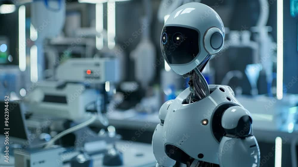 high technology robot standing at laboratory with blue white light glowing high technology robot standing at laboratory with blue white light glowing