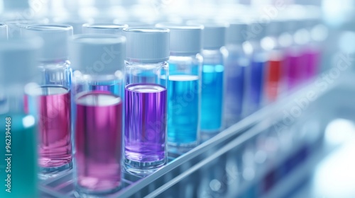 Diverse Antiserum Vials in a High-Tech Laboratory, showcasing a vibrant array of colors, reflecting innovation and advancement in medical research and treatments photo