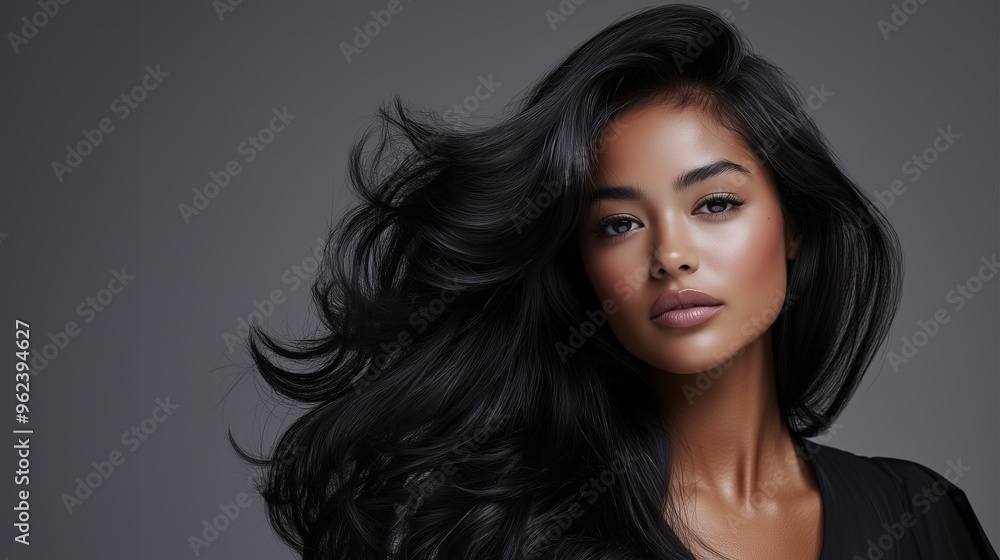 Naklejka premium A beautiful model with long black hair styled in loose waves and wearing a sleek top against a grey background for beauty product advertising