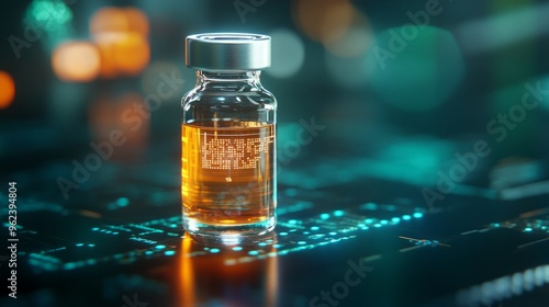 Futuristic Antiserum Vial on Illuminated Digital Display, showcasing advanced design elements, vibrant light emissions, and dynamic data projections around a sleek, modern table. photo