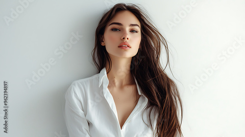 Serene Beautiful Woman in Minimalist White Fashion