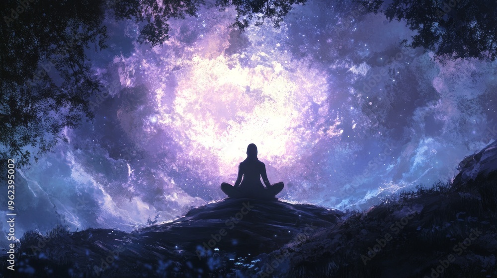 Obraz premium Silent invocation gatherings, a serene space for mindfulness and tranquility, fostering deep connections with oneself and the universe through guided meditative practices.