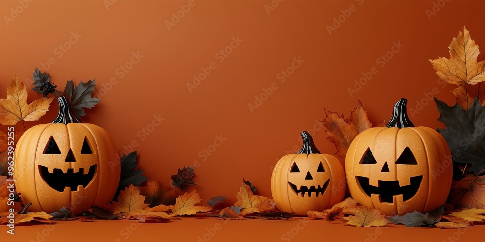 A group of four carved jack-o’-lantern pumpkins with traditional smiling faces are displayed against an orange backdrop. A group of four carved jack-o’-lantern pumpkins with traditional smiling faces are displayed against an orange backdrop.