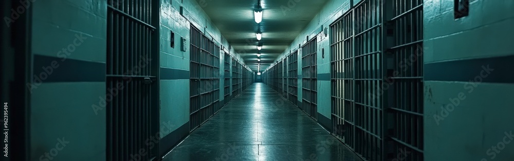 Obraz premium Desolate Prison Corridor with Metal Bars and Dim Lighting