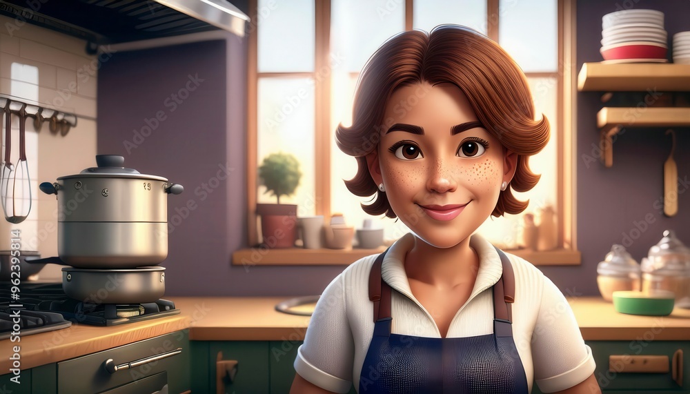 A detailed whimsical animated art scene showing a woman cartoon character in the kitchen. Generated image A detailed whimsical animated art scene showing a woman cartoon character in the kitchen. Generated image