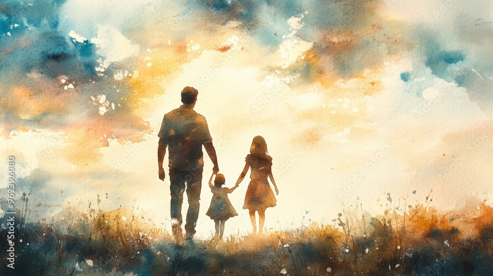 Silhouette of Parent and Child Walking in Watercolor Silhouette of Parent and Child Walking in Watercolor
