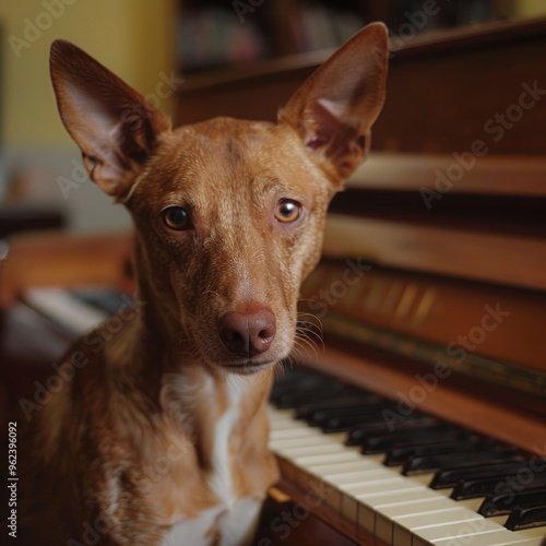 Perro galgo o podenco canario en una casa con un piano. Al fondo, el perrito está mostrando sus ojitos tristes porque necesita pasear. photo