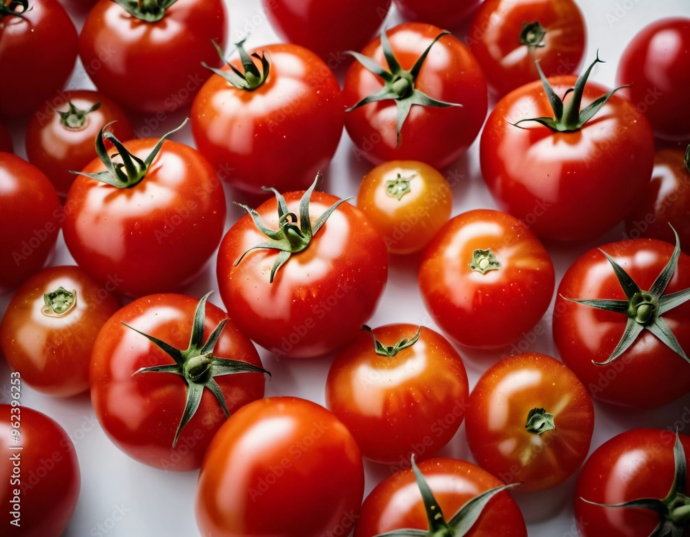 Group of ripe, red tomatoes. Tomatoes are arranged in cluster. Light catches surface of tomatoes, highlighting their vibrant color and glistening texture. They were recently harvested. AI generated Group of ripe, red tomatoes. Tomatoes are arranged in cluster. Light catches surface of tomatoes, highlighting their vibrant color and glistening texture. They were recently harvested. AI generated