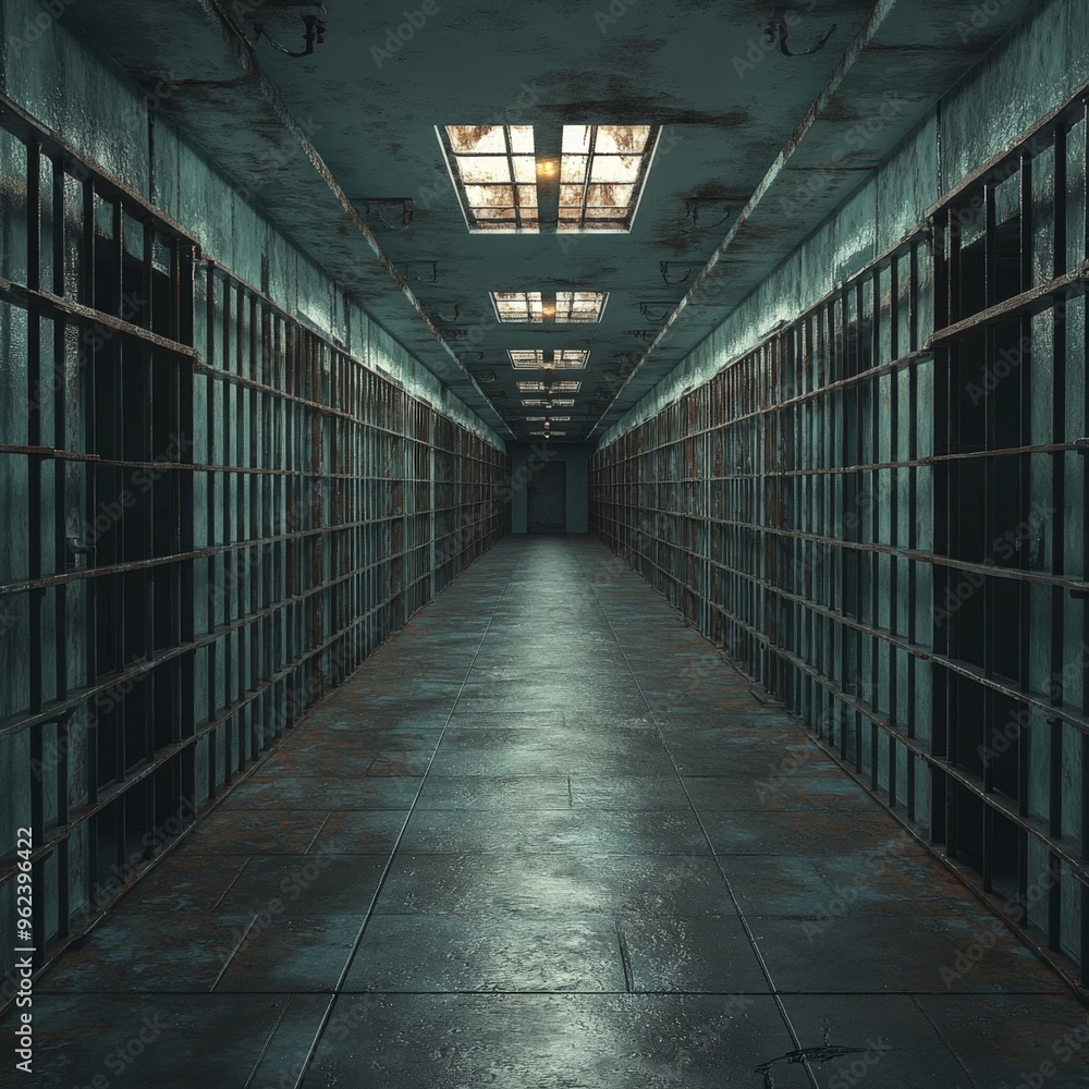 Desolate Prison Corridor with Metal Bars and Dim Lighting Desolate Prison Corridor with Metal Bars and Dim Lighting