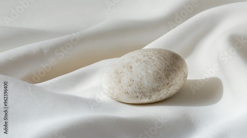 Smooth pebble on bright white cloth, showcasing the contrast between the textured surface of the stone and the soft, clean fabric, emphasizing simplicity and elegance.