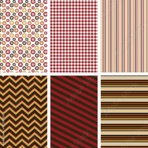 Burgundy brown seamless repeating patterns. Coordinating print set for backgrounds, borders, textiles, apparel, paper products, scrapbooking, gift wrap, and more.