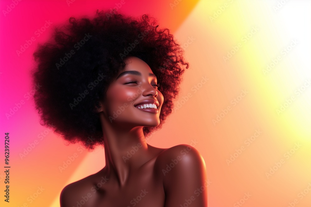 A beautiful Black woman with an afro hairstyle is smiling and posing for a photoshoot on a beauty commercial set. The background features a gradient design with colorful lighting A beautiful Black woman with an afro hairstyle is smiling and posing for a photoshoot on a beauty commercial set. The background features a gradient design with colorful lighting