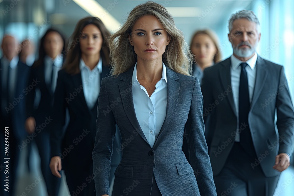 A group of professionals walking confidently through a modern office building during the day. Generative AI A group of professionals walking confidently through a modern office building during the day. Generative AI