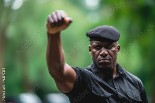 Black, African-American soldier with fists raised in protest for racial equality. Afro-descendant photo