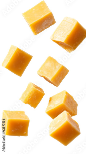 Bite sized cheese cubes floating against an isolated, transparent background