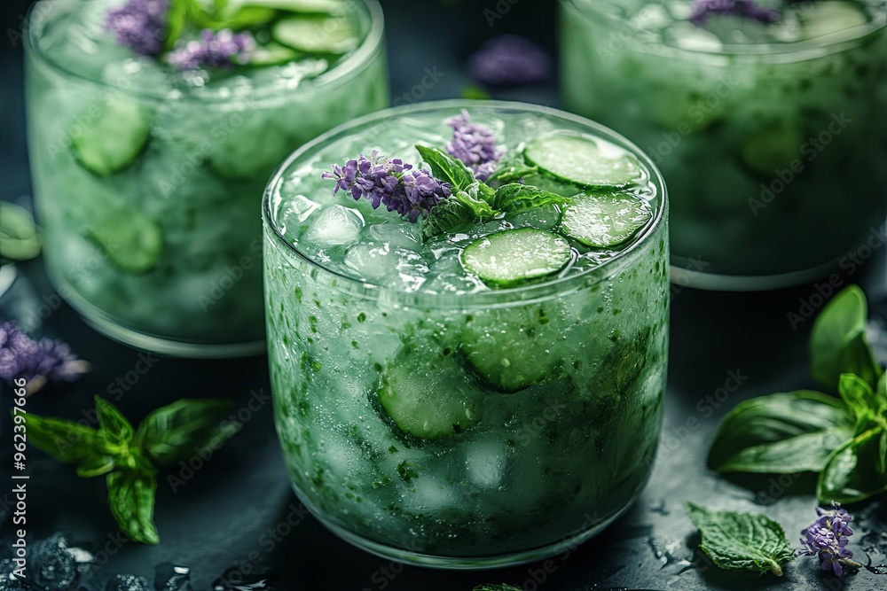 Refreshing mint and cucumber beverages in elegant glasses surrounded by fresh herbs on a dark surface. Generative AI Refreshing mint and cucumber beverages in elegant glasses surrounded by fresh herbs on a dark surface. Generative AI