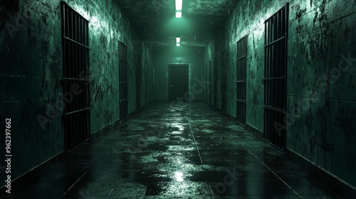 Desolate Prison Corridor with Metal Bars and Dim Lighting