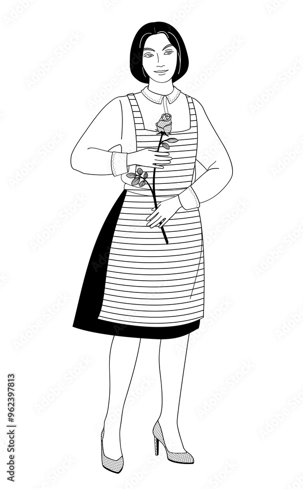 florist female character women in apron with rose flower florist female character women in apron with rose flower