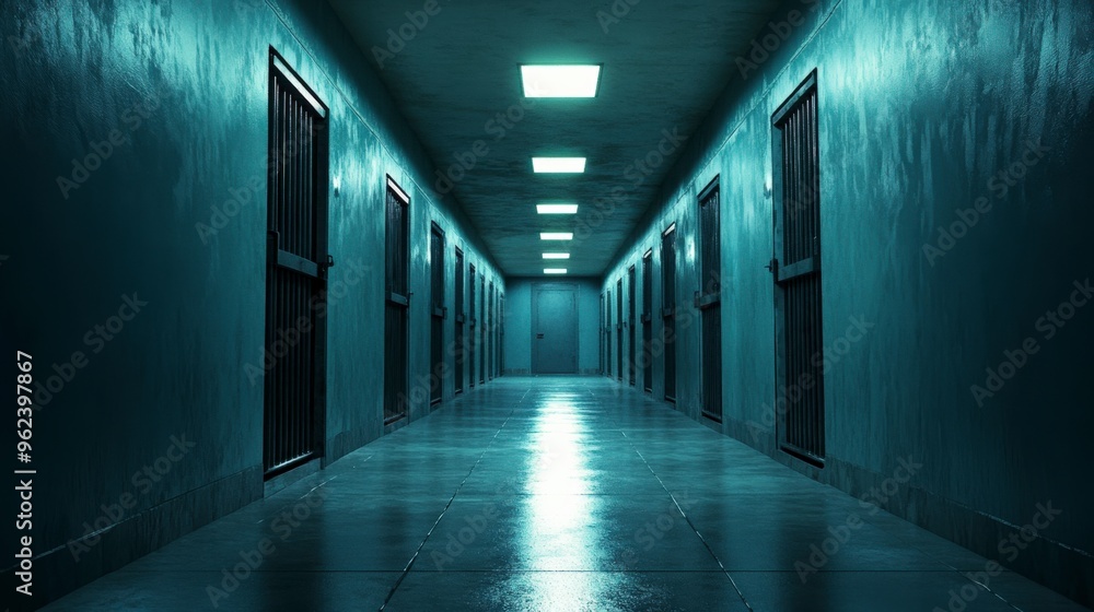 Desolate Prison Corridor with Metal Bars and Dim Lighting Desolate Prison Corridor with Metal Bars and Dim Lighting