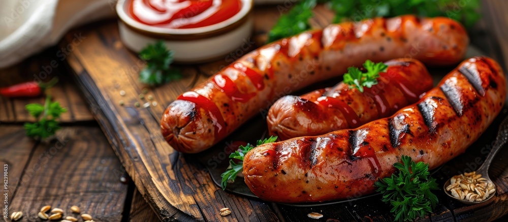 Grilled Sausage With Ketchup And Buckwheat And Towel On Table Grilled Sausage With Ketchup And Buckwheat And Towel On Table