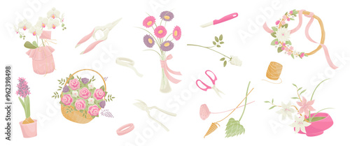 set elements about  florist service, tools and accessories, flowers bouquets, knife, cutter, scissor, pot flowers, vase, arrangement 