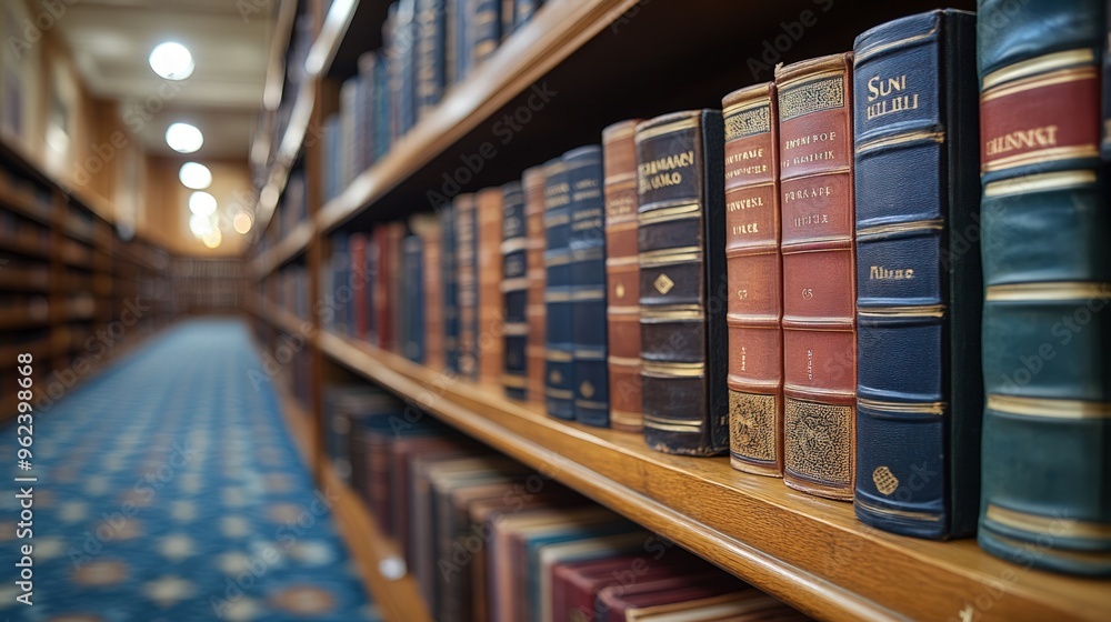 Rows of classic, leather-bound books line the shelves of a library.