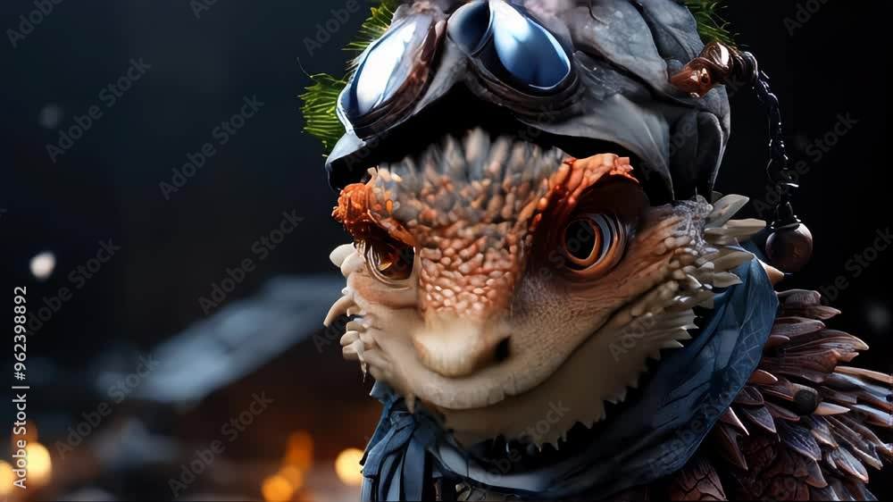Cute dragon in a jacket and hood in snowy winter for Christmas and New Year holiday Cute dragon in a jacket and hood in snowy winter for Christmas and New Year holiday
