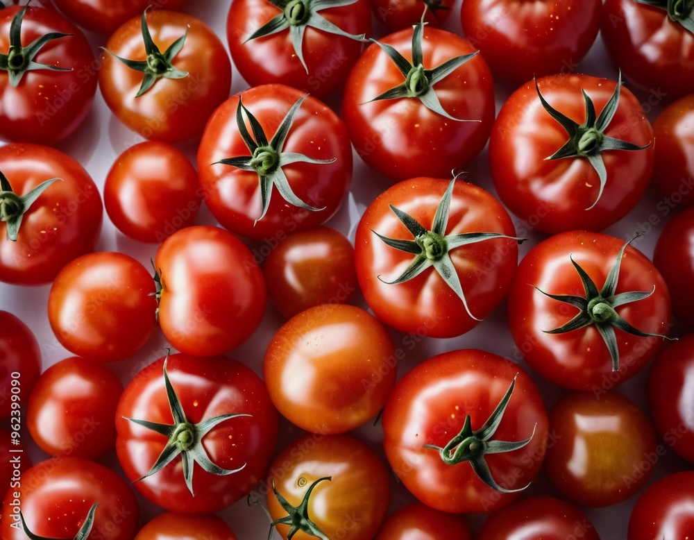 Group of ripe, red tomatoes. Tomatoes are arranged in cluster. Light catches surface of tomatoes, highlighting their vibrant color and glistening texture. They were recently harvested. AI generated Group of ripe, red tomatoes. Tomatoes are arranged in cluster. Light catches surface of tomatoes, highlighting their vibrant color and glistening texture. They were recently harvested. AI generated