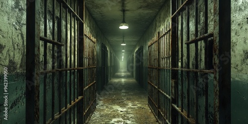Wallpaper Mural Desolate Prison Corridor with Metal Bars and Dim Lighting Torontodigital.ca