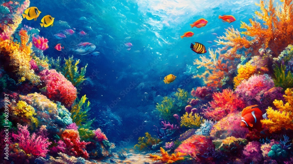 Fototapeta premium Vibrant underwater scene with colorful coral reef and tropical fish swimming.
