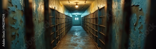Wallpaper Mural Desolate Prison Corridor with Metal Bars and Dim Lighting Torontodigital.ca