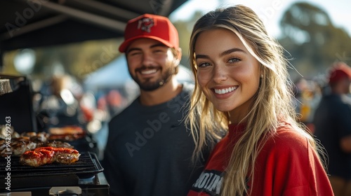 Fans tailgating with grills, food, and team flags. --ar 16:9 --style raw --stylize 900 --v 6.1 Job ID: 70c6de6c-ead6-4eb1-a9c3-8643651ab02d