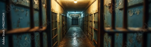 Desolate Prison Corridor with Metal Bars and Dim Lighting