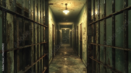 Wallpaper Mural Desolate Prison Corridor with Metal Bars and Dim Lighting Torontodigital.ca