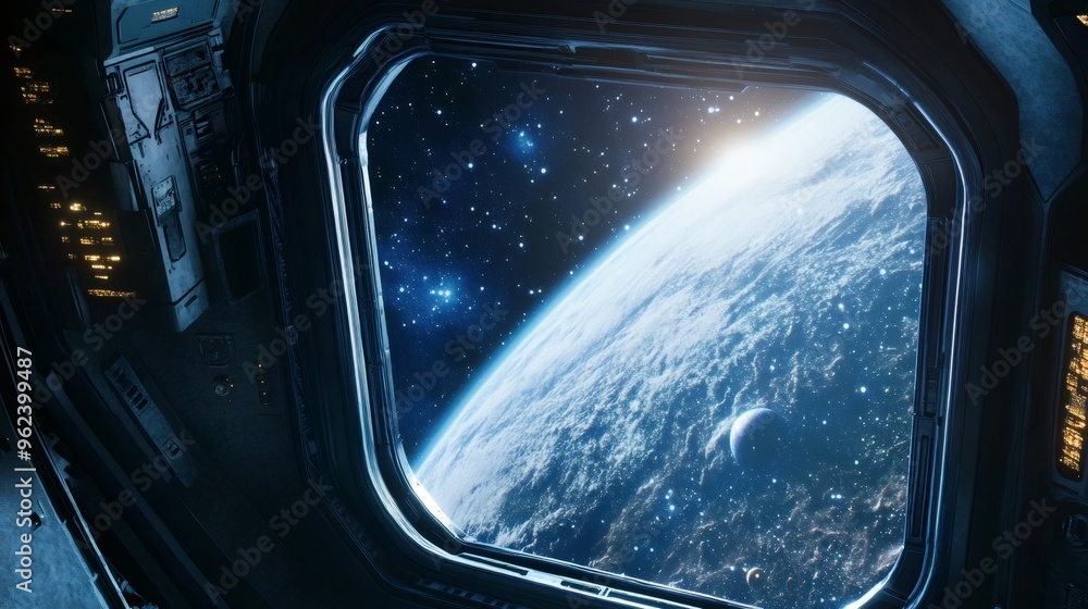 View of a planet from inside a spaceship. View of a planet from inside a spaceship.