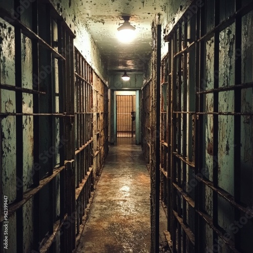 Desolate Prison Corridor with Metal Bars and Dim Lighting