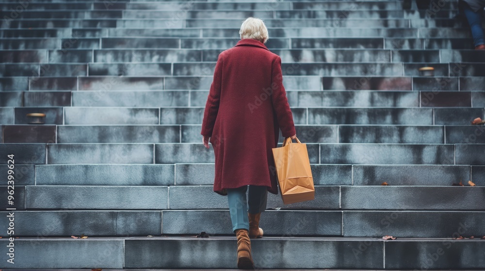 Fototapeta premium Senior woman with grocery bag walking on steps