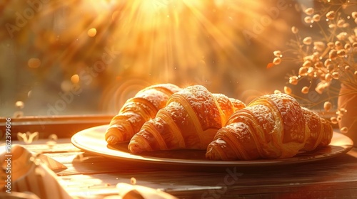 Warm golden glow of freshly baked flaky and buttery croissants on a rustic breakfast table inviting and tempting the senses with their mouthwatering aroma and artisanal appeal photo